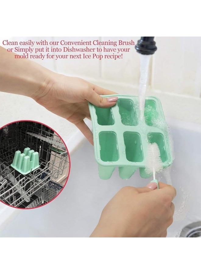 6-Piece Silicone Popsicle Mold Set with Funnel & Cleaning Brush - Reusable, Easy-Release Ice Pop Molds (Green) - Image 4